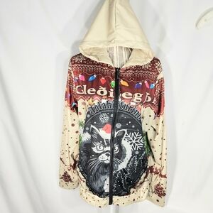 Designer Gledieg Jol Happy Holidays Black Cat Hooded Full Zip Jacket Size Medium